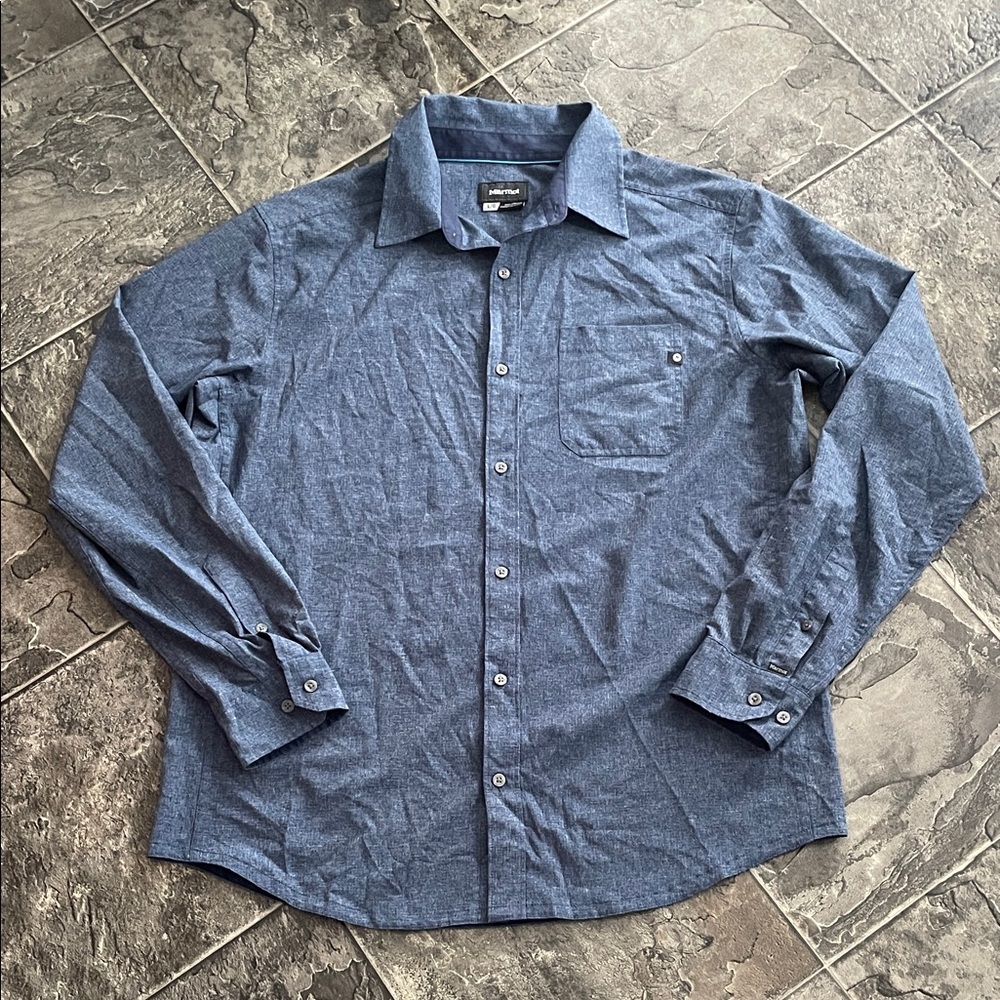 MARMOT Men’s Casual Blue Button-Up Polyester Outdoor Coastal Cottagecore Shirt